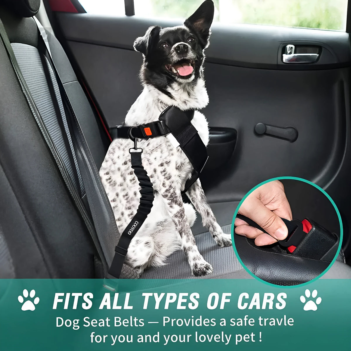 Nylon pet seat belt in black, 85cm long, with hand holding rope and explosion-proof design for car travel.