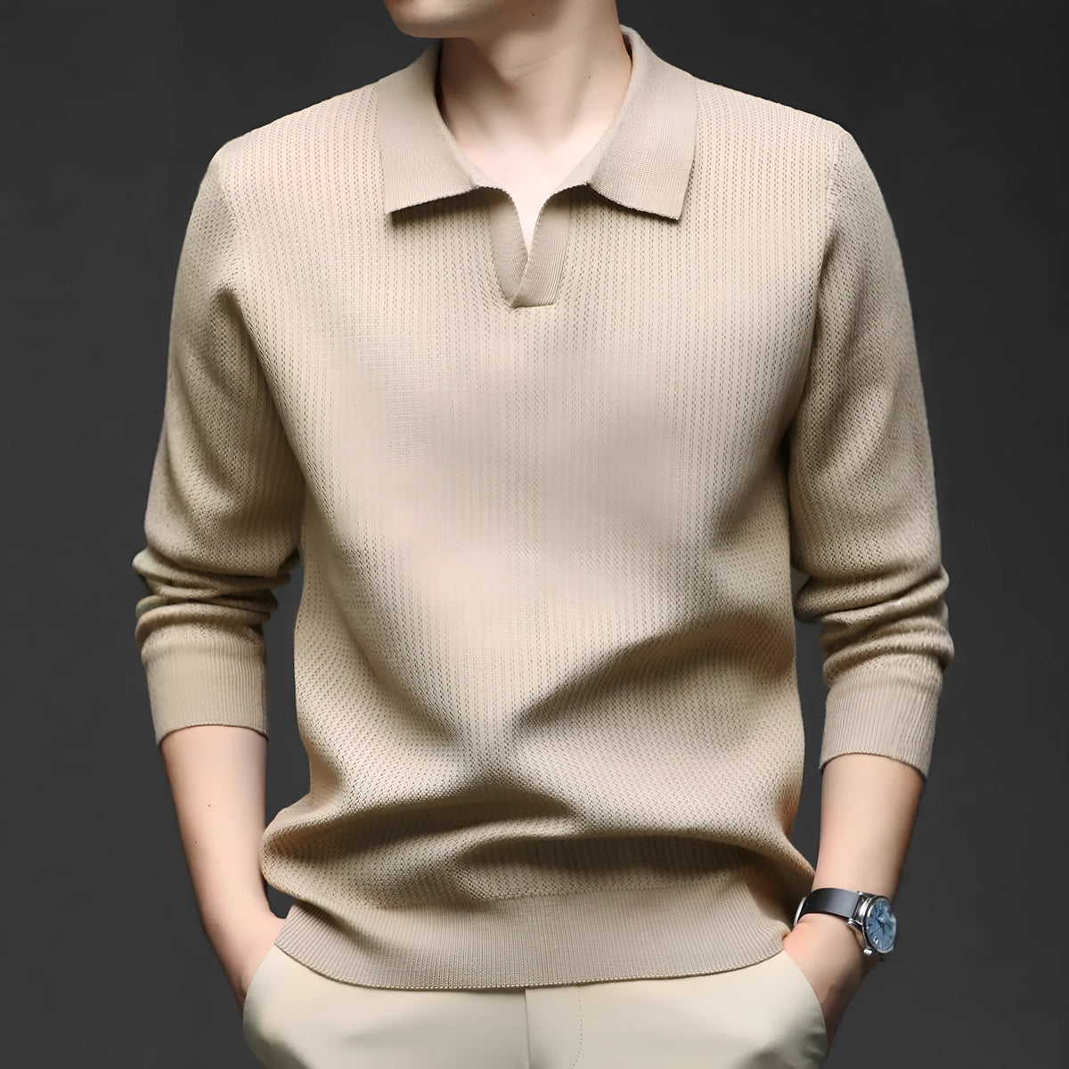 Men's loose fit casual pullover sweater in green, shown on a model.