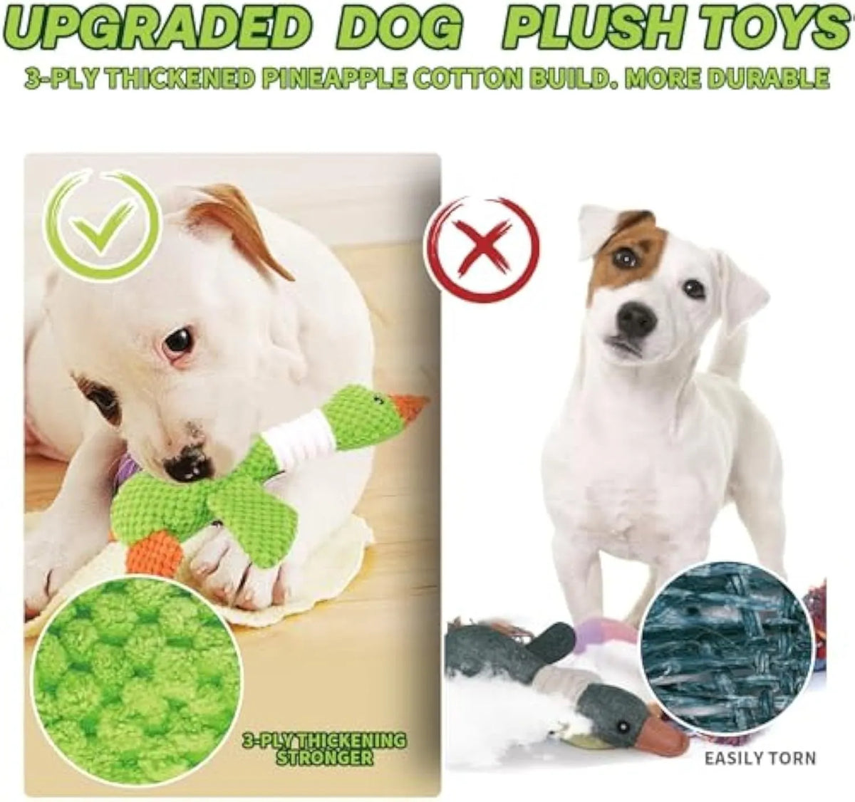 Blue durable duck-shaped plush dog toy with squeaker on a plain background