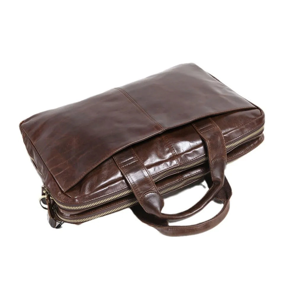 Brown cowhide leather business briefcase with 18-inch laptop compartment and polyester cotton lining