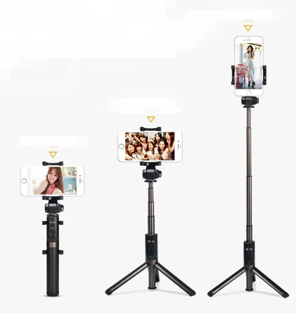 Black Bluetooth selfie stick with extended phone clamp and folded tripod legs