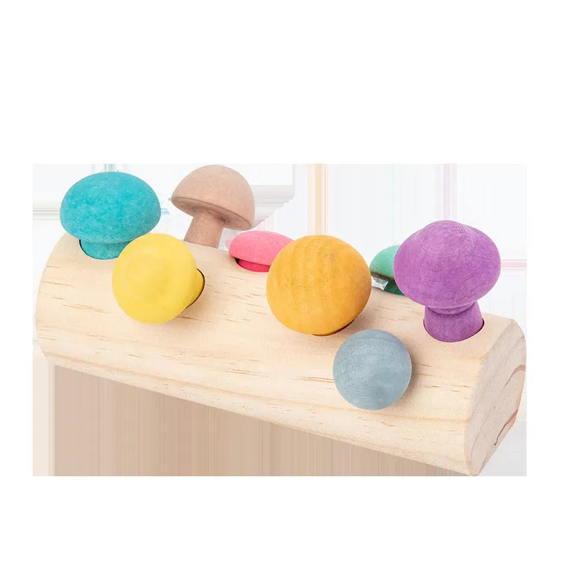 Wooden mushroom picking game puzzle toy in wood colour for toddlers over 12 months, box size 26 x 13 x 6 cm