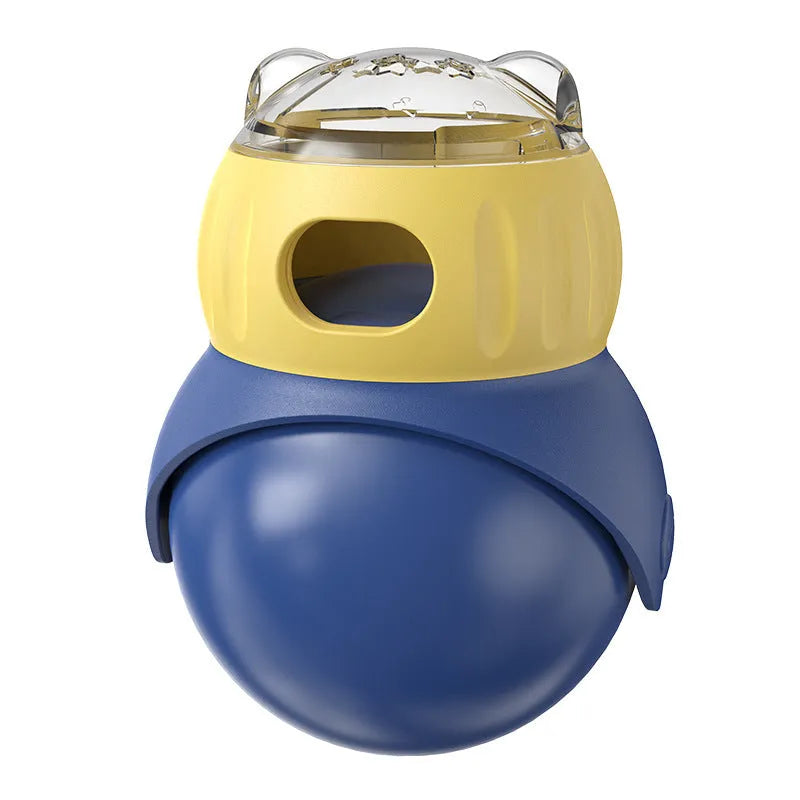 Owl-shaped yellow and blue plastic cat food puzzle feeder with self-service portion control