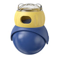 Owl-shaped yellow and blue plastic cat food puzzle feeder with self-service portion control