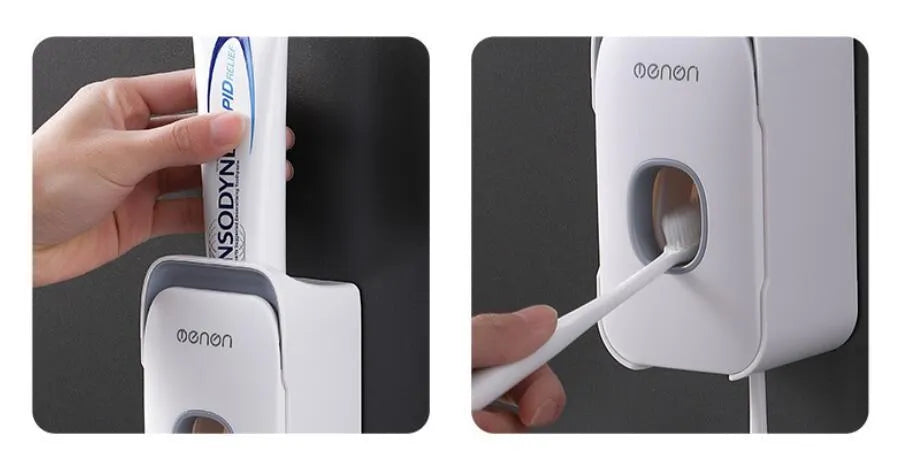 Automatic touchless toothpaste dispenser with digital LCD display mounted on a bathroom wall