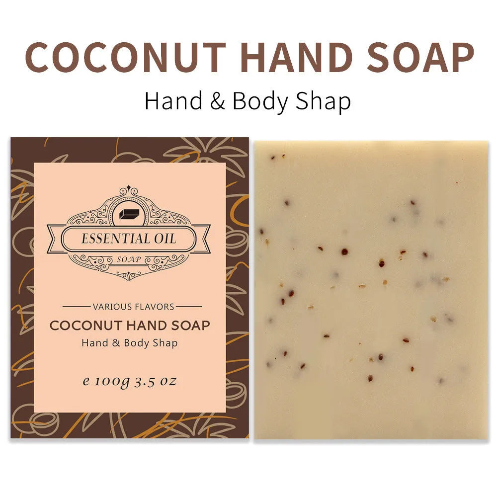 Handmade plant essential oil soap bars in coconut, green tea, lavender, and rose scents