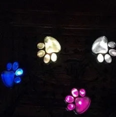 Black bear paw-shaped solar garden lights illuminating a garden path at night