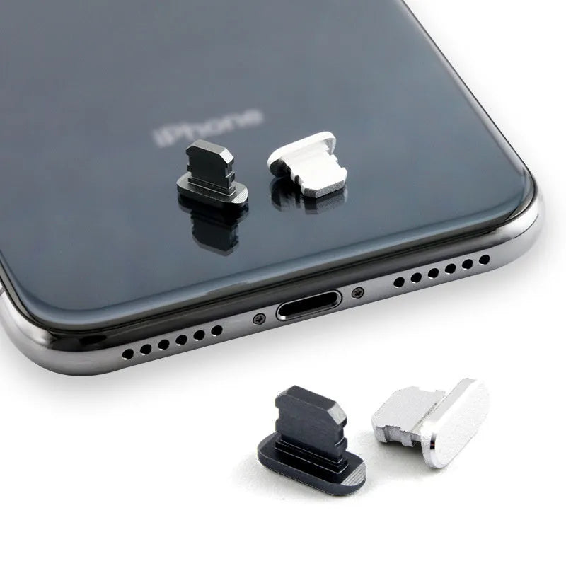 Aluminium alloy dust plug for iPhone charging port in various colours including gold and rose gold.