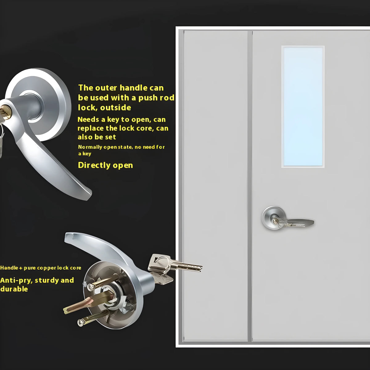 Stainless steel fireproof push lock with external handle for 65cm doors