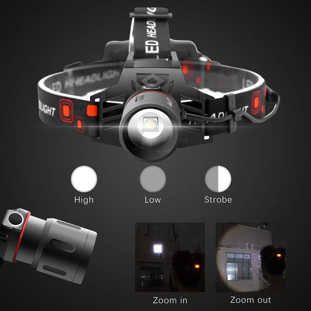 T6 LED zoom headlamp showing white, green, and red light modes on a head strap