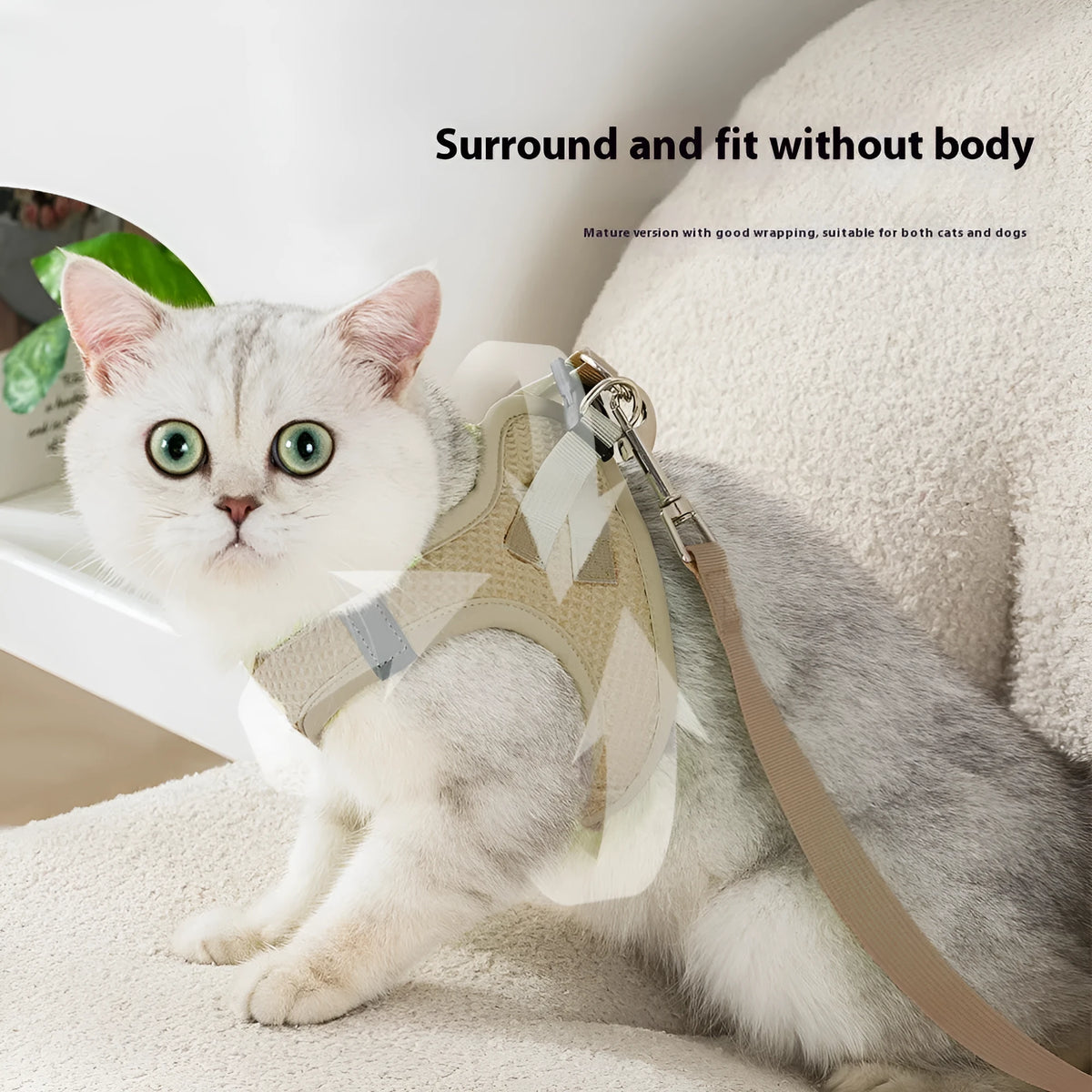 Waffle fabric cat harness with rope chest strap in brown, green or purple colours