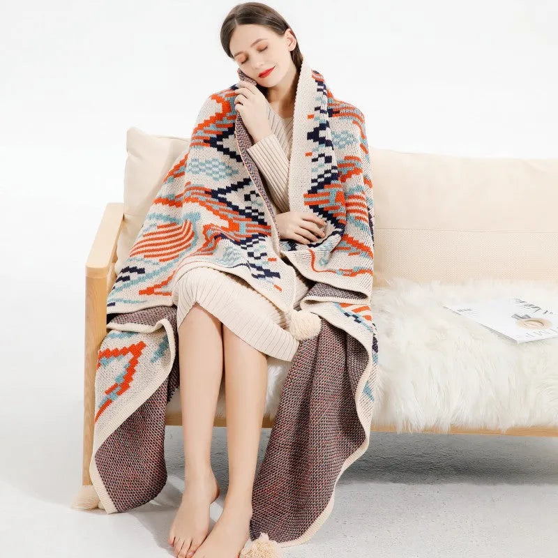 Acrylic sofa blanket with tassels in geometric pattern colour option