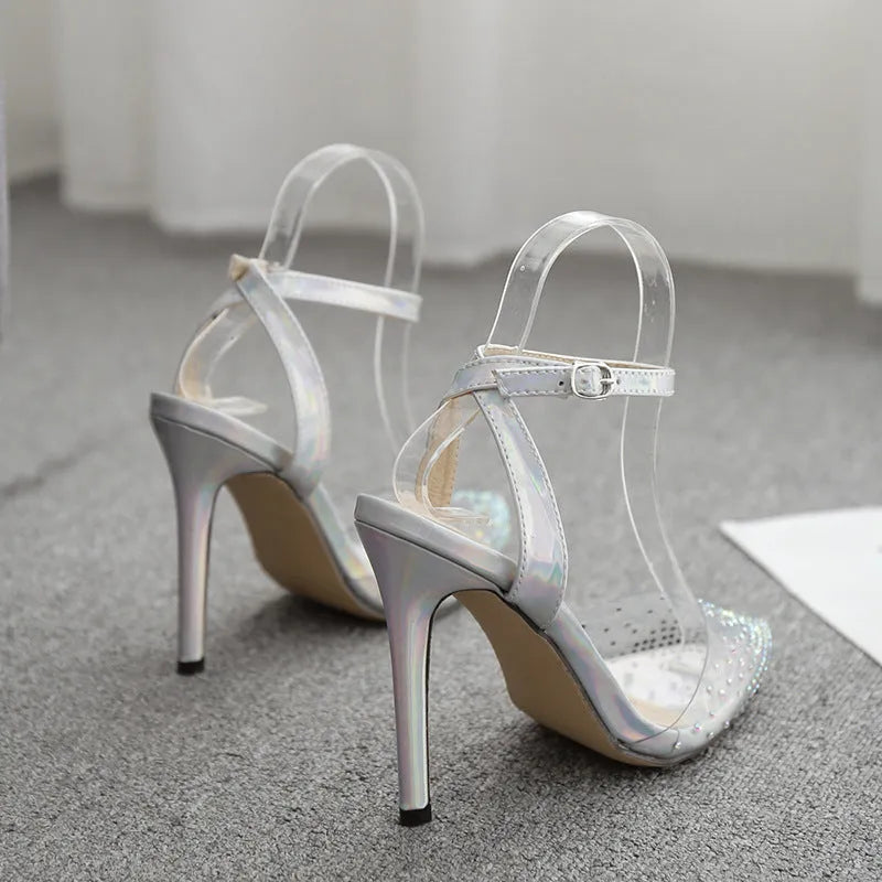 Women's pointed diamond sandals with stiletto heels in PVC material