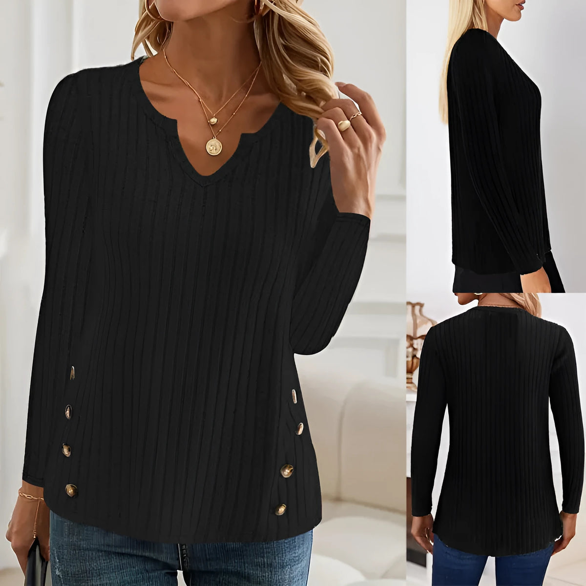 Casual knitted button sweater in solid colour with button detailing on regular sleeve pullover