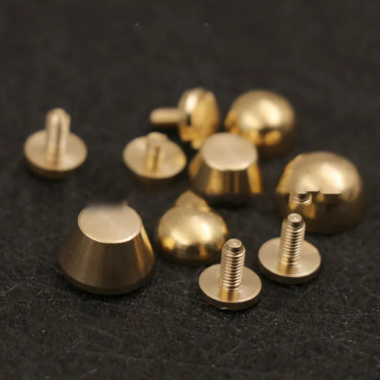 Brass decorative buckles showing 10mm and 12mm sizes with geometric and round foot nail designs