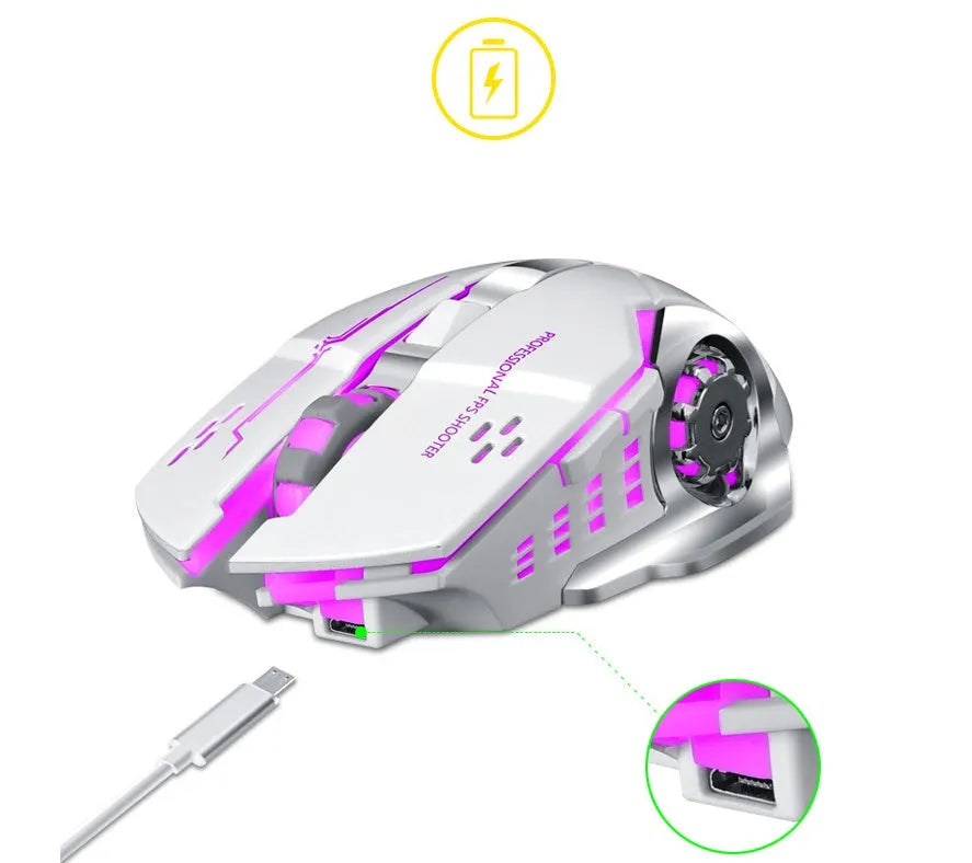 Black and white wireless silent mouse with 6 buttons and 2400 DPI sensor for laptops