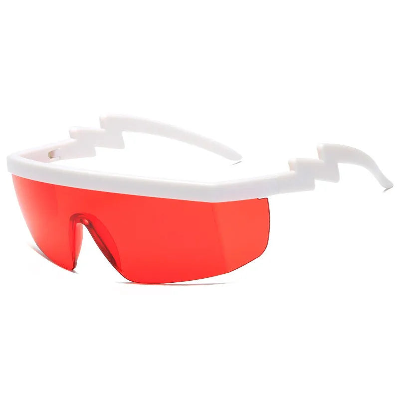 One-piece sports sunglasses with lightning leg design, shown in a black frame with blue lens option.