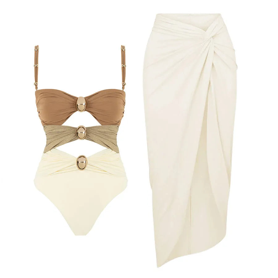 Women's solid-colour one-piece swimsuit with matching skirt and gold button detail