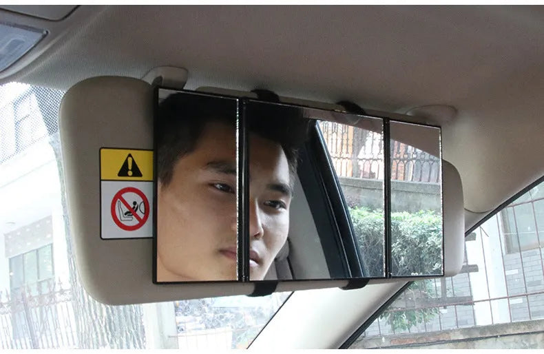 Silver car folding makeup mirror shown closed and open, with ABS plastic frame.
