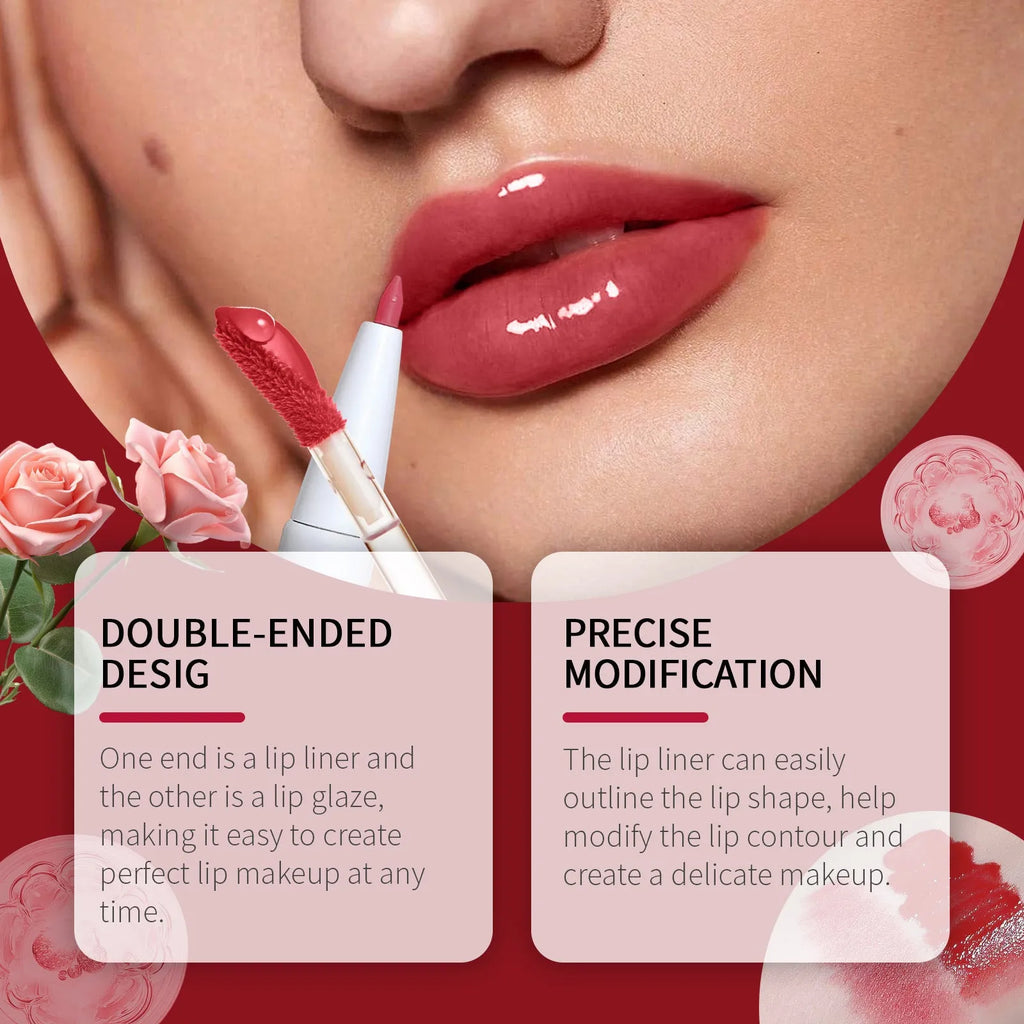 Double-headed lip liner and lip lacquer pen shown in three colour options.
