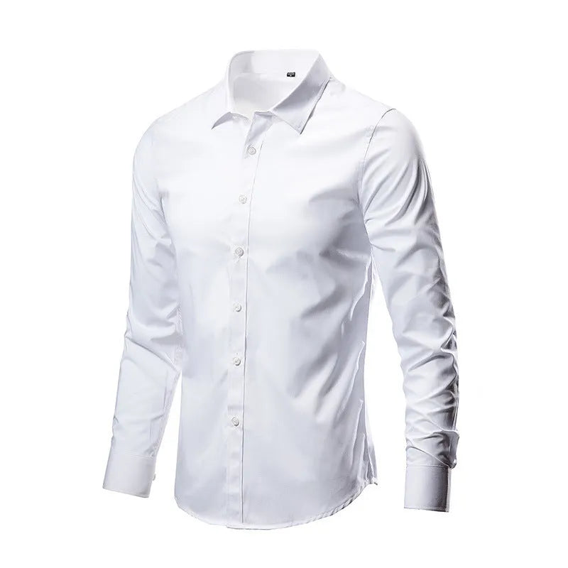 Loose fit long-sleeve linen shirt on a hanger, shown in a light colour.