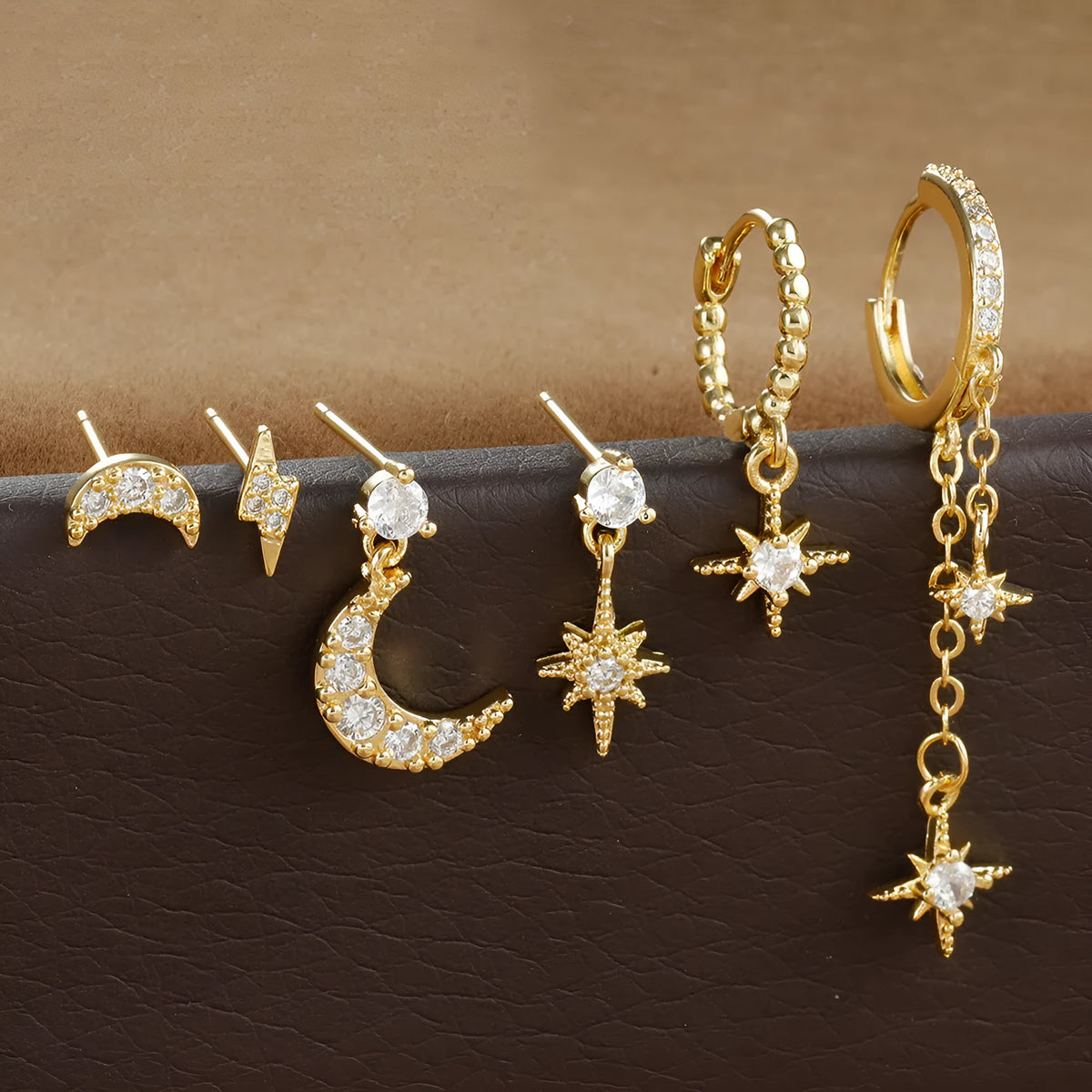 XINGX six-piece gold chain tassel earring set with zircon studs on copper