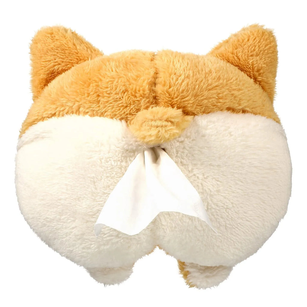 Yellow corgi butt shaped car tissue box cover hanging from a sun visor