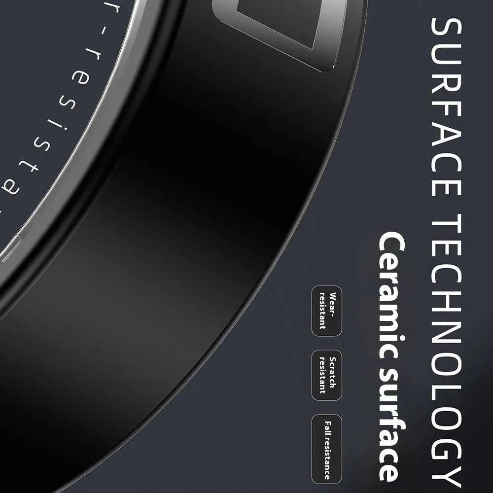 Black ceramic smart ring for health tracking on a finger, showing heart rate and SpO2 monitoring.