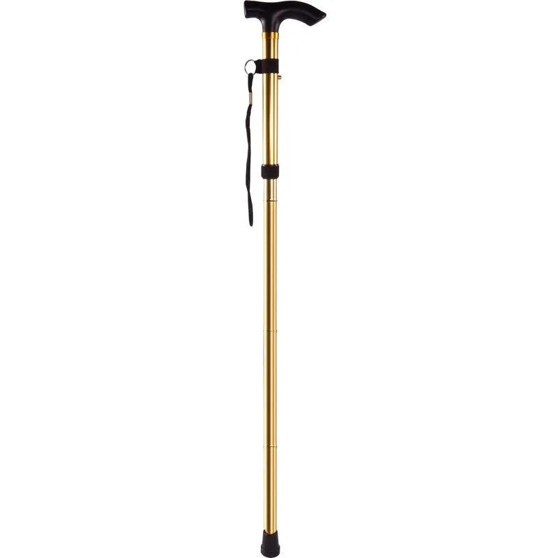 Aluminium folding walking cane shown extended and collapsed, with adjustable height and non-slip handle.