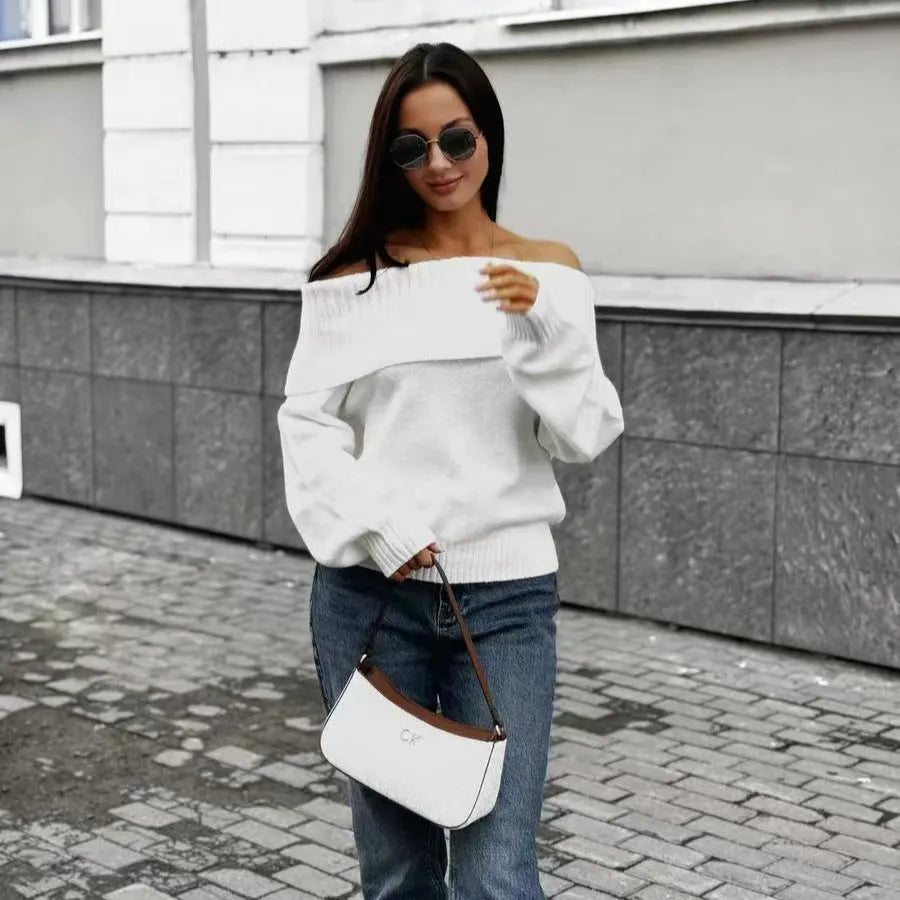 Grey off-the-shoulder jumper with 3D pattern texture, strapless design, regular sleeves