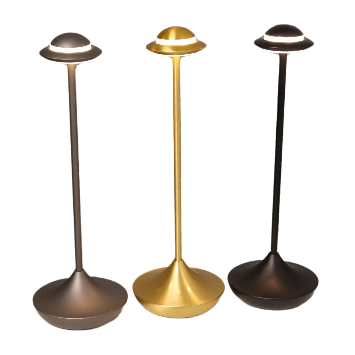 Modern metal UFO-shaped desk lamp with touch dimming, shown in grey finish.