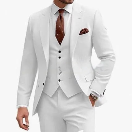 Men's slim fit three-piece suit in a choice of colours including bright red, champagne, and dark purple.