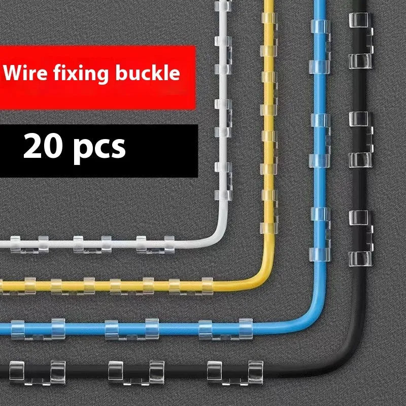 Transparent plastic self-adhesive cable routing snap clips in small, medium, large, and extra large sizes.