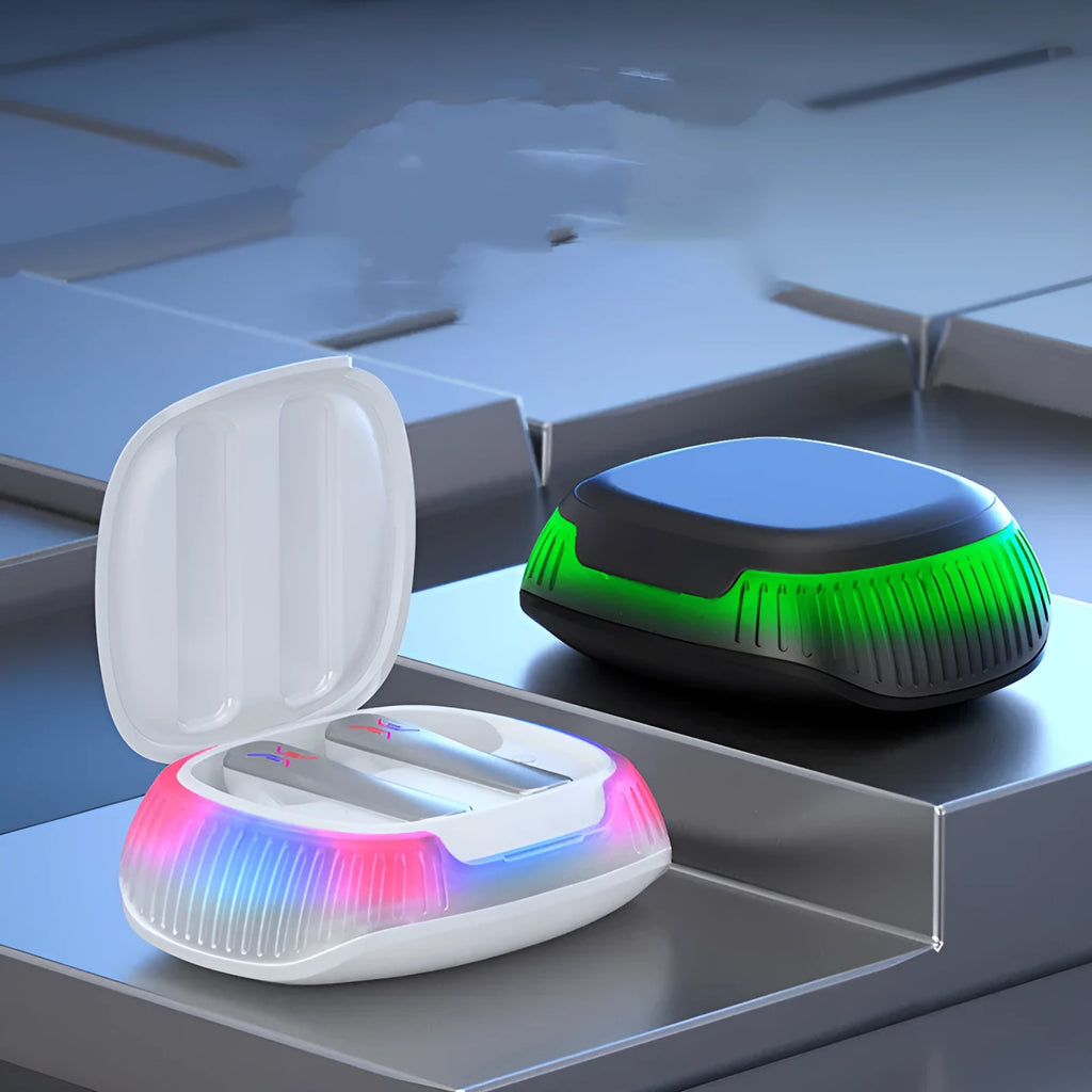 Hall Flashing black and white wireless in-ear gaming headsets with charging cable.