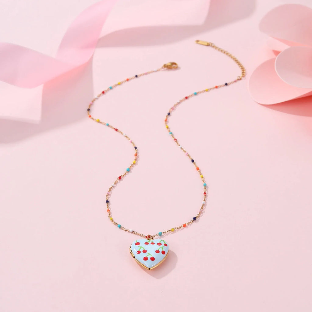 Gold-plated stainless steel fruit pendant necklace with adjustable chain in various colour options