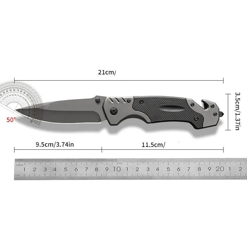 Alloy folding knife showing blade with 60-degree tip angle and 115mm handle length