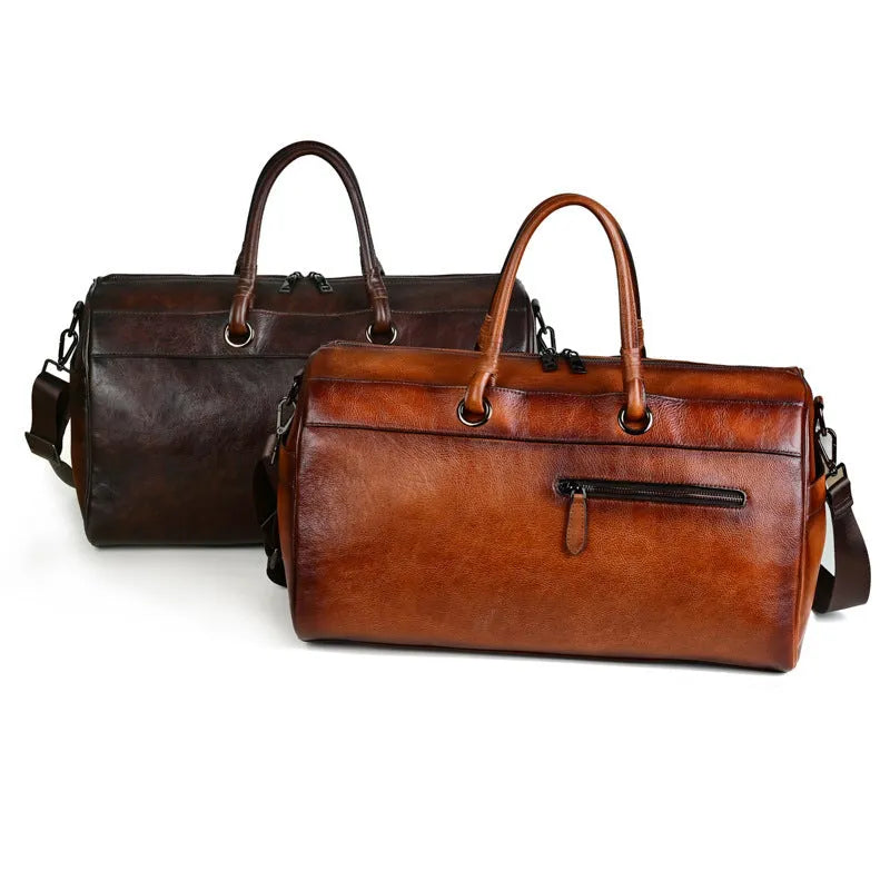 First layer cowhide leather retro handbag with below 20L capacity in brown colour