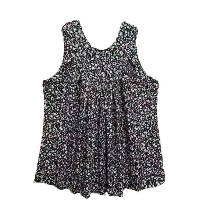 A black plus-size sleeveless vest with a floral print, shown on a hanger, featuring a round neck and loose fit.