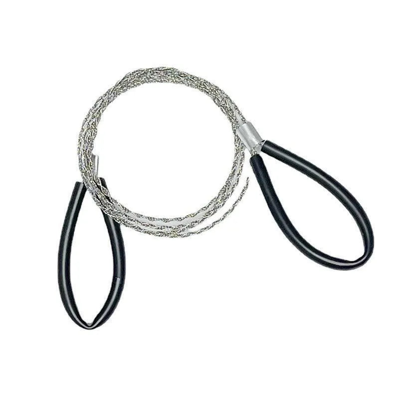 Black and red portable steel wire survival saw with leather carrying case, shown extended to its 70cm length.