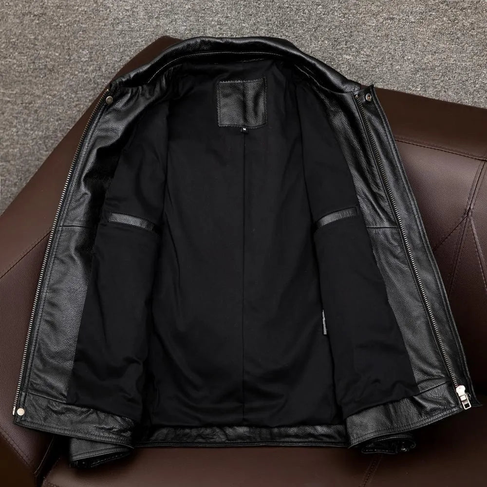 Men's plus size black retro Kaji style lapel leather jacket with side pockets