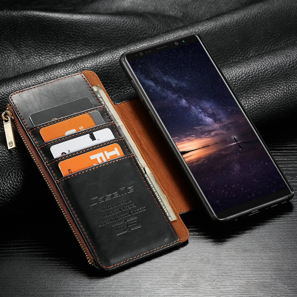 Black PU leather flip phone case for SAMSUNG Note9 showing front and back views.