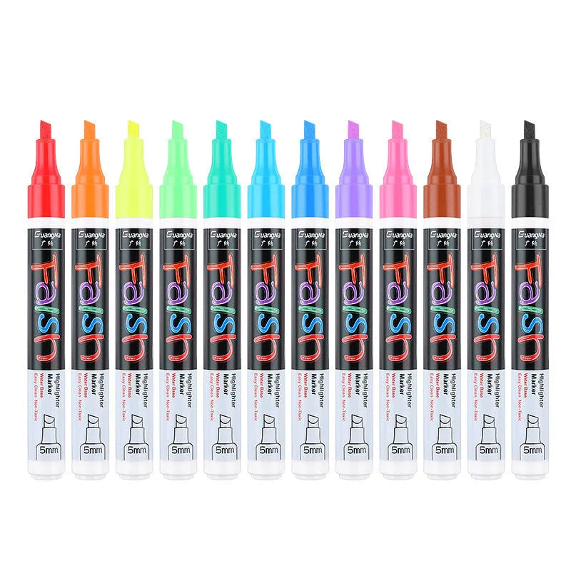 Electronic fluorescent plate highlighter pen with oblique 6mm tip, shown in an 8-colour set on a card.
