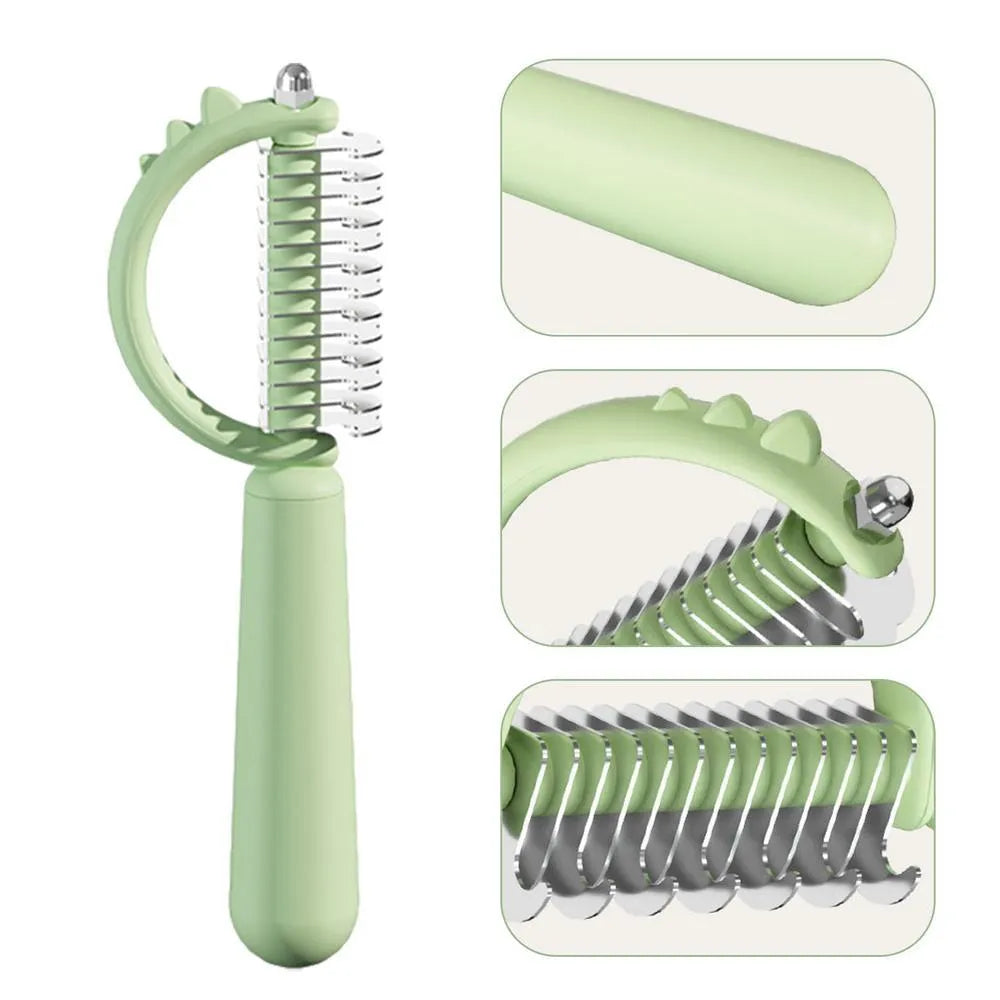 Blue dinosaur-shaped cat brush with double-sided stainless steel bristles and self-cleaning mechanism