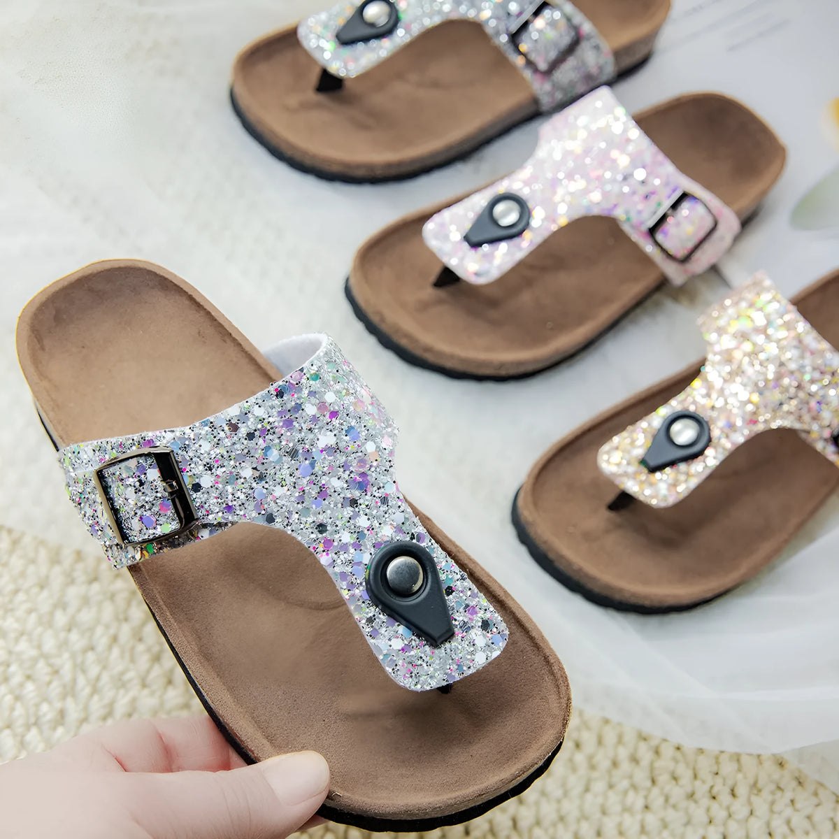 Cork couples flip-flops in pink silver gold colours with PVC soles and artificial leather uppers