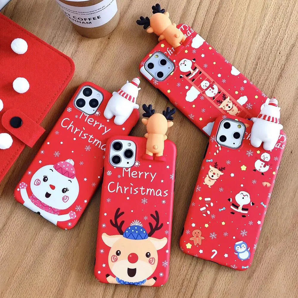 Christmas-themed red silicone back cover case for iPhone on a festive background