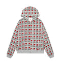 Women's melange grey cotton cardigan sweater with long sleeves on a hanger.