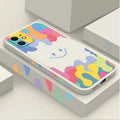 Colourful rainbow smiley face design on white TPU iPhone case with attached lanyard