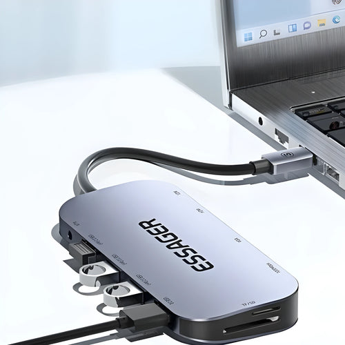 11-in-1 USB-C expansion dock hub with Gigabit Ethernet port, HDMI, USB ports, and 20cm cable