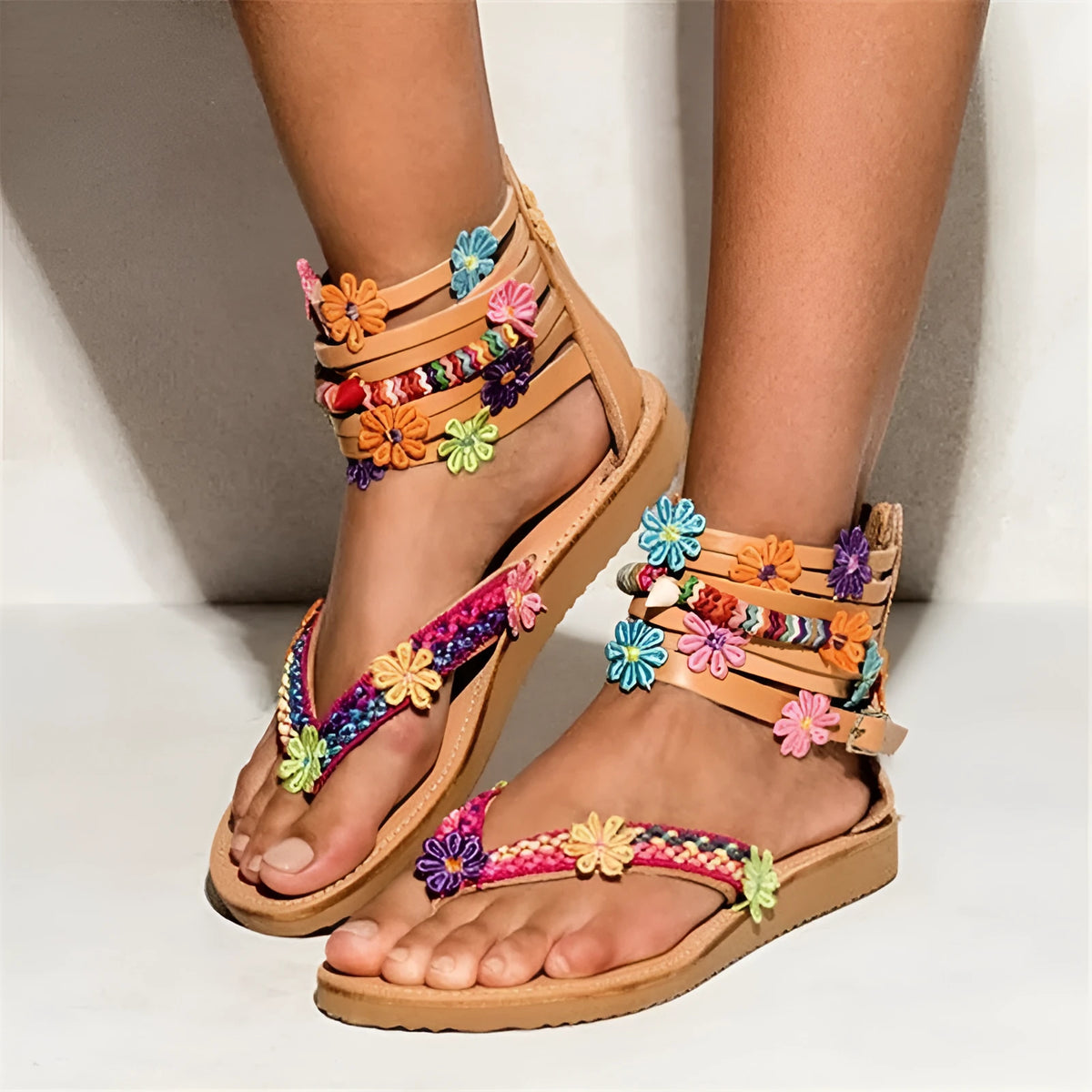 Women's ethnic style beaded petal Roman sandals with round toe and floral elements on a light PU upper.