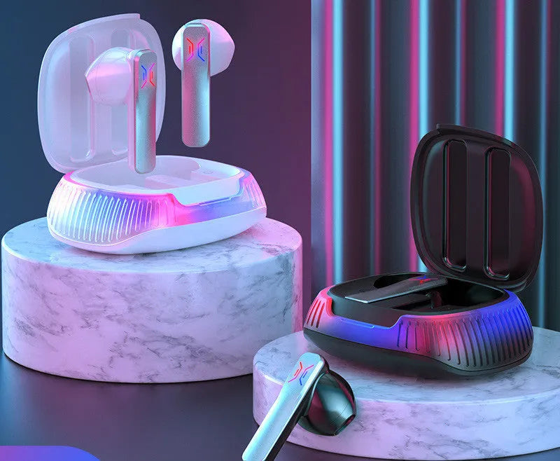 Hall Flashing black and white wireless in-ear gaming headsets with charging cable.